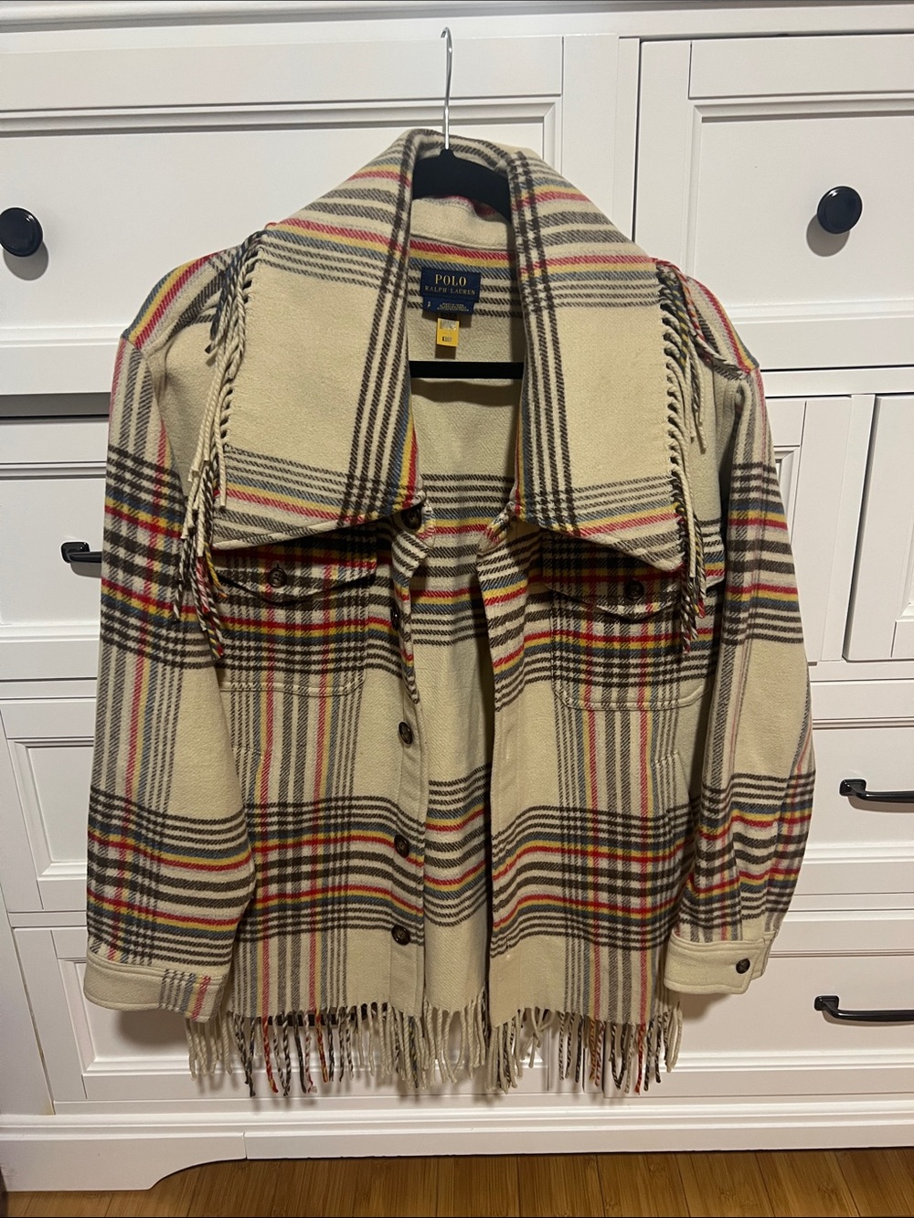Polo by Ralph Lauren Cream Plaid Fringe Cape Jacket
